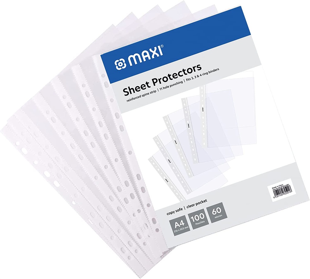 MAXI MX-RP100 Reinforcement Punch Pockets (Sheet Protector) , A4 , 60mic ( Pack of 100)