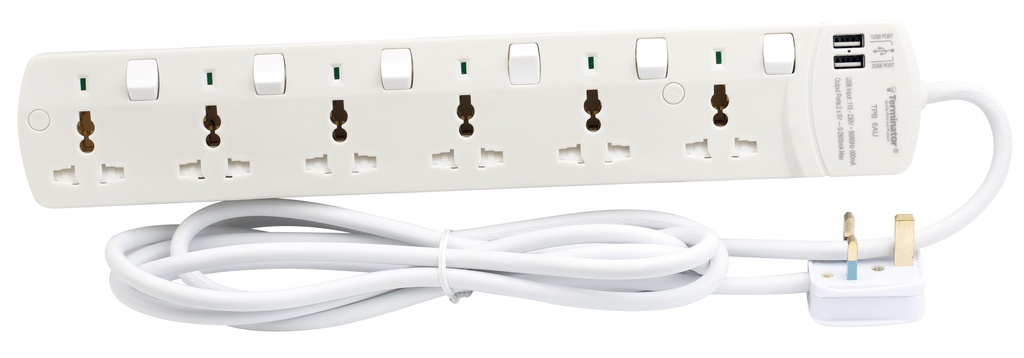 Terminator TPB-6AU ; 6-Way Universal Power Extension Socket 13A 3M Esma Approved