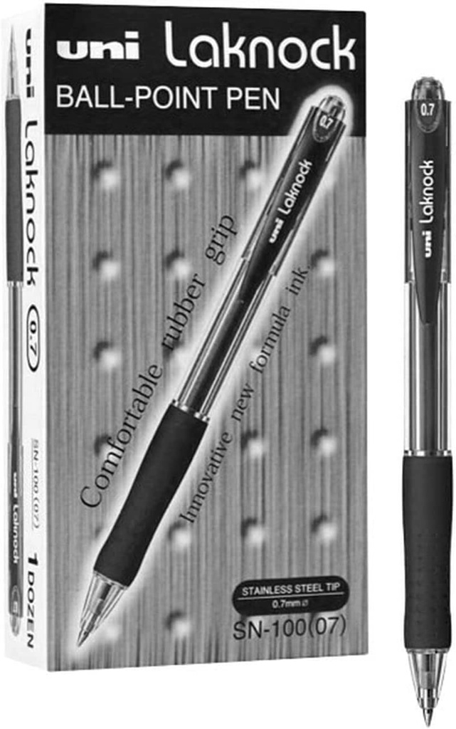 Uni-Ball SN100 Laknock , Retractable Ball Point Pen - 0.7 mm, Black, (Pack of 12)