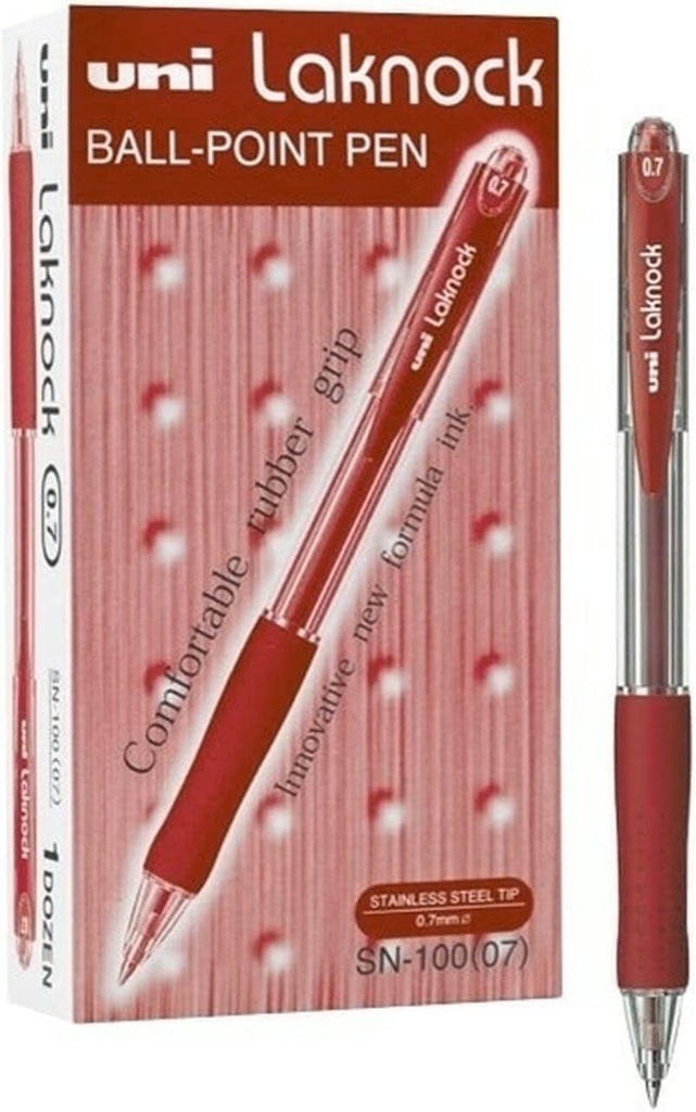 Uni-Ball SN100 Laknock , Retractable Ball Point Pen - 0.7 mm, Red, (Pack of 12)