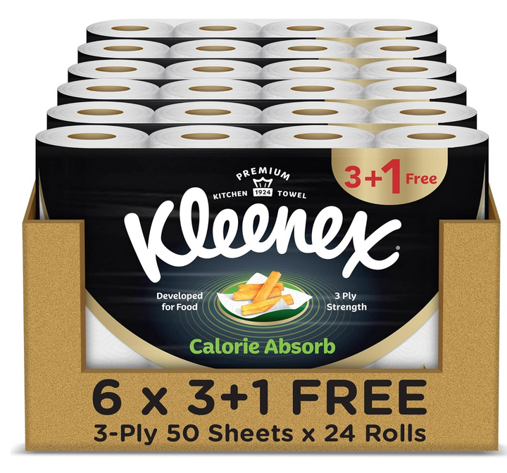 Kleenex Calorie Absorb Premium Kitchen Towel , 3ply , 50 sheets, (3+1 Free) x 6 Packs ( 24 rolls )