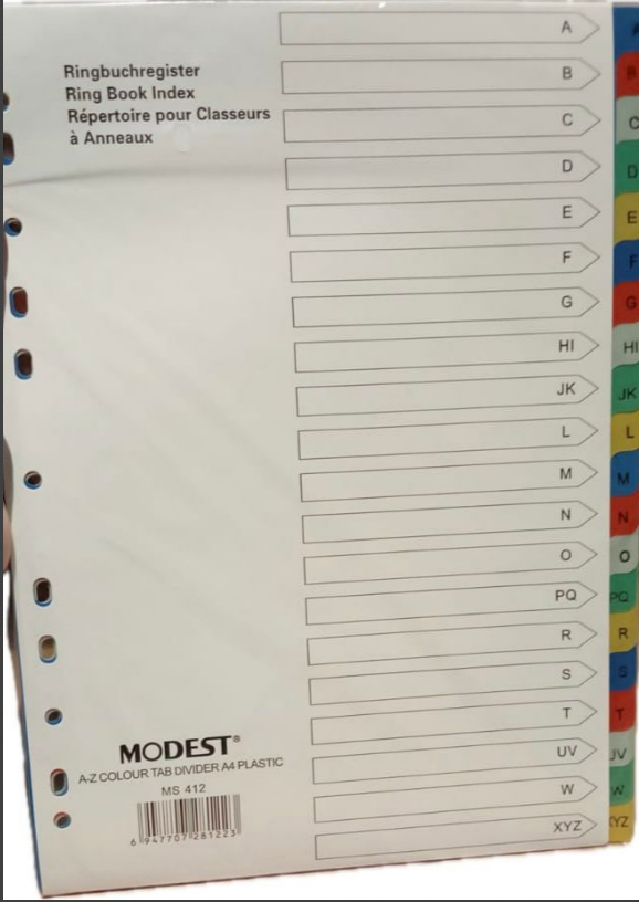 Modest MS412 PVC Tab Divider, A-Z Color Tabs, A4