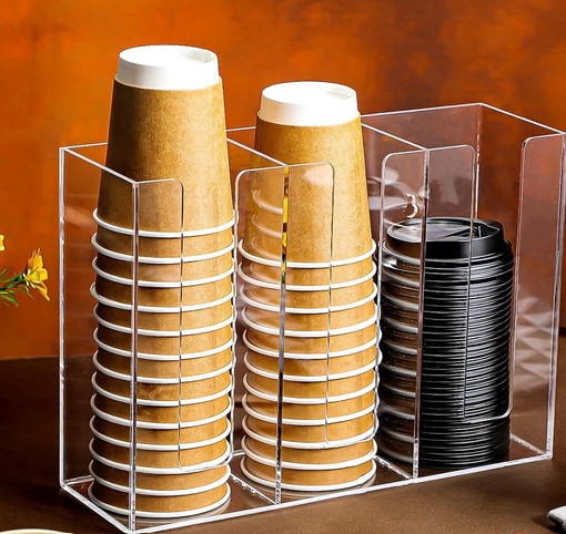 AMZ 3-Compartments Acrylic Paper Cup and Lid Dispenser Organizer (Clear)
