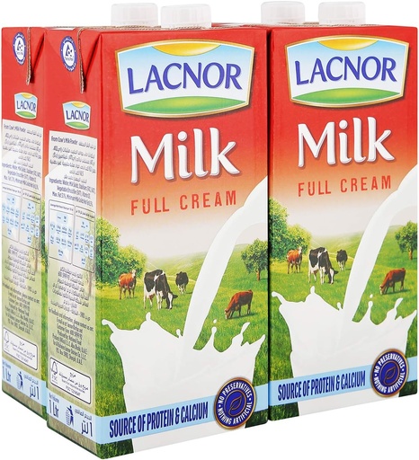 LACNOR Long Life UHT Full Fat Milk 1L (Pack of 4)