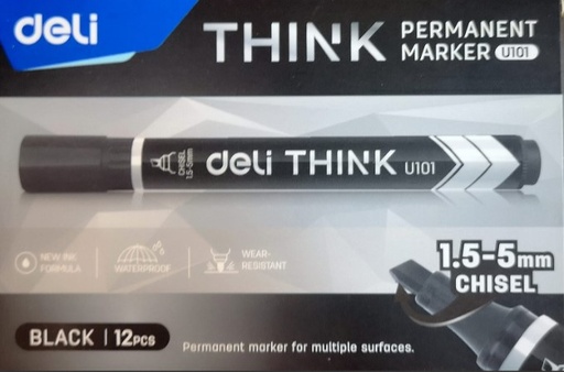 DELI U101 Think Permanent Marker , Chisel Tip , Black ( Pack of  12)