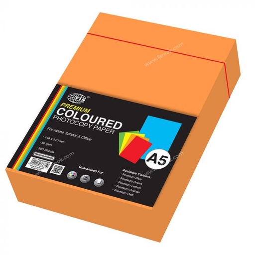 FIS  FSPWA5POR Premium Color Photocopy Paper, 500 Sheets, 80 gsm, Premium Orange Color, A5 Size