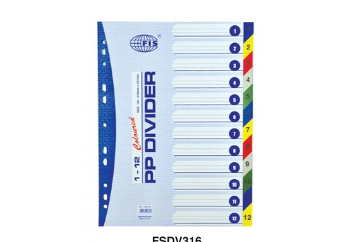 FIS FSDV316 PP Divider - A4, 1-12 Color (Plastic)