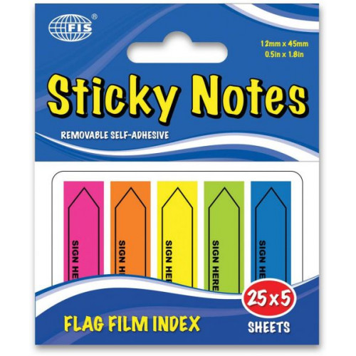 FIS FSPOFIP1 Flag Film Index - "Sign Here", 12 x 45mm, 125 Sheets, 5 Colors (Pack of  12)