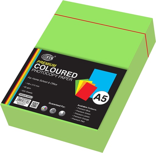 FIS FSPWA5PGR Premium Color Photocopy Paper, 500 Sheets, 80 gsm, Premium Green Color, A5 Size
