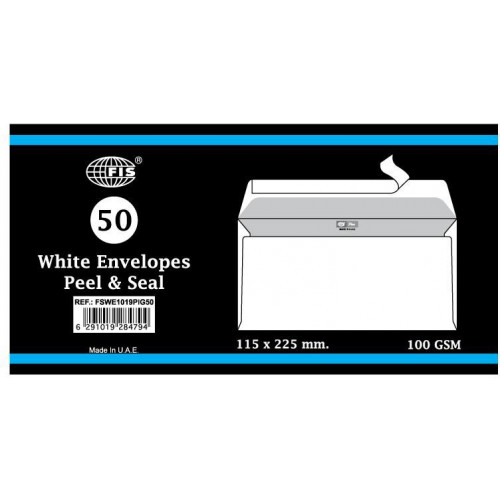 FIS FSWE1019PIG50 Peel & Seal White Envelope, 115 x 225 mm (Pack of 50) (DL/Cheque Size)