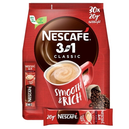 Nescafe 3-In-1 Classic Instant Coffee - 20g, 30 Sticks (Pouch)