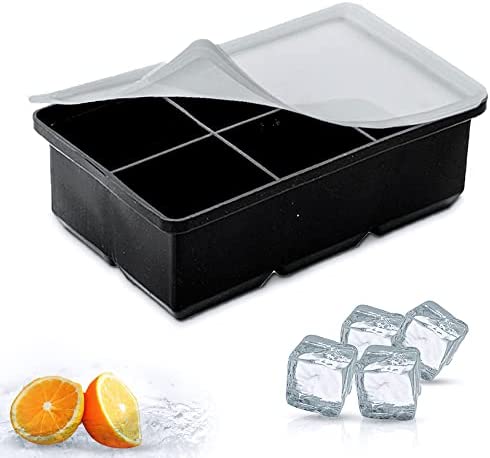 HOMLITE Silicone Ice Cube Tray with Lid – Easy Release, Odourless, Food-Grade, Spill-Resistant 6 Large Ice Cube Mould with for Drinks, Black 1 Pack