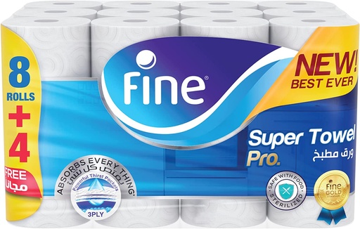 FINE Kitchen Super Towel Pro, 60 Sheets X 3 Ply, (Pack of 12)
