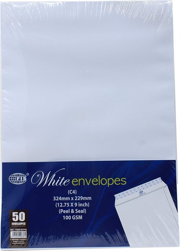 FIS FSWE1027P50 Peel and Seal Envelopes - White, C4 size, 324x229mm,100gsm (Pack of 50)