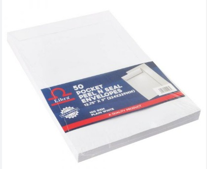 LIBRA Peel  & Seal Envelopes , 12 3/4" x 9 " ( 324mm x 229 mm) A4 , 100gsm , White (50pcs)