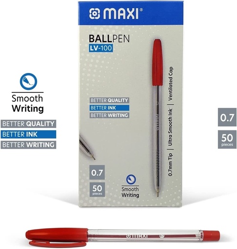 Maxi LV-100 Ballpoint pens. 0.7mm Red ( Pack of 50)