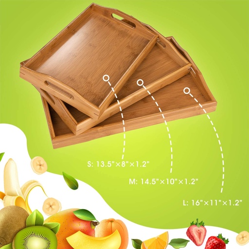 Showay Large Bamboo with Wood Handle Serving Tray Set ( Set of 3)
