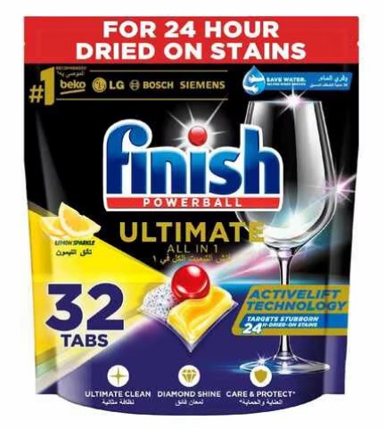 Finish Powerball Ultimate All in 1, Dishwasher Detergent Tablets for Ultimate Clean & Diamond Shine, Lemon Sparkle, 32 Tabs
