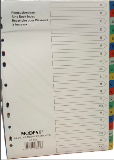 Modest MS412 PVC Tab Divider, A-Z Color Tabs, A4